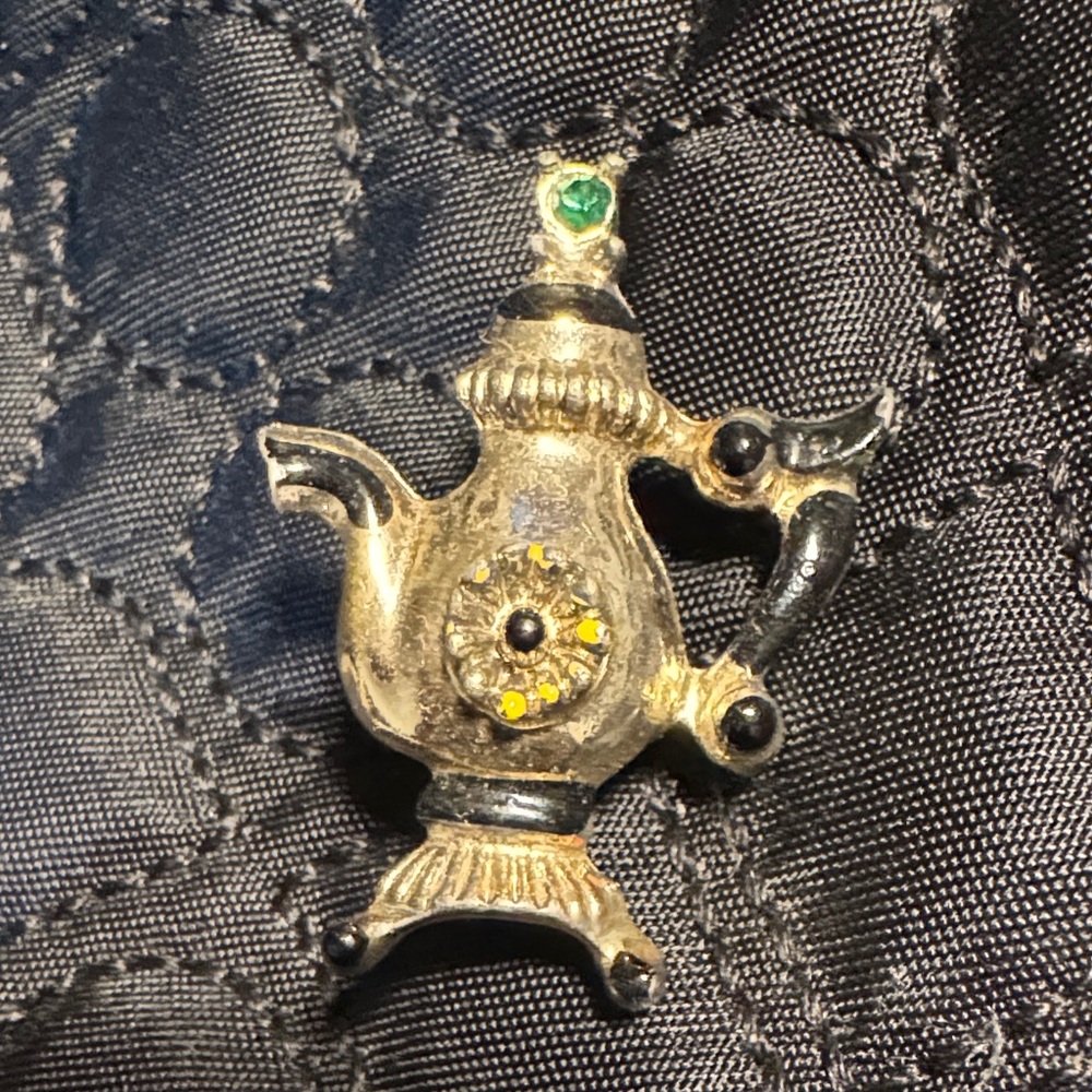 Vintage Gold and Black Teapot Brooch gold tone and enamel with green rhinestone
